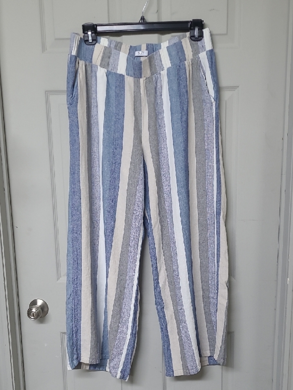 Suzy Shier Chic Striped Wide leg Pants Linen Blend Blue/Cream/Tan  XL Like New